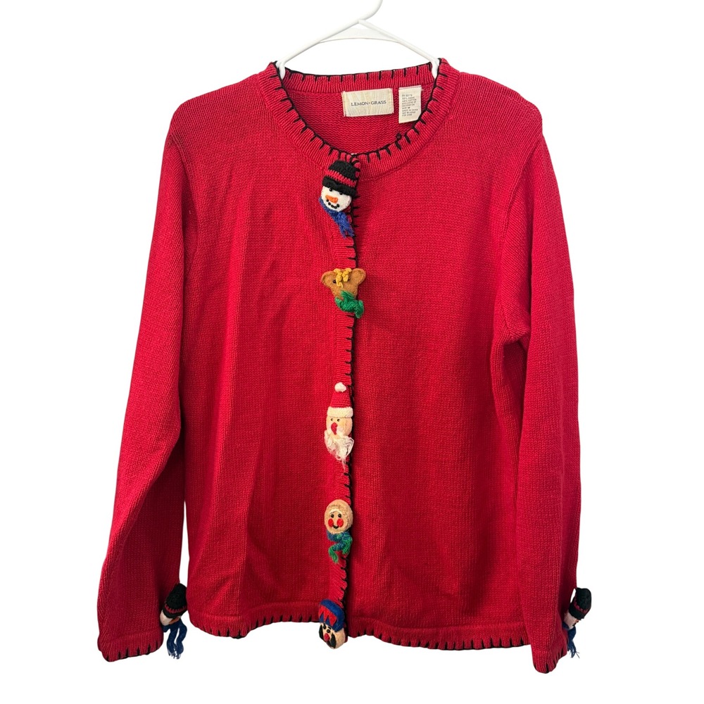 Lemon Grass Red Christmas Cardigan Sweater 3D Snowman Santa Nutcracker Size M